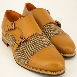 Stitched Leather wool and camel leather monk straps shoes